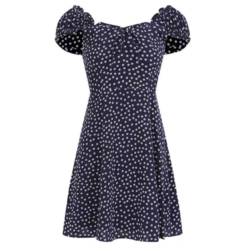 French Vintage One-Shoulder Floral Dress for Women - Summer Dark Blue Fitted A-Line Waist-Cinching Slimming Style French Vintage One-Shoulder Floral Dress for Women - Summer Dark Blue Fitted A-Line Waist-Cinching Slimming Style