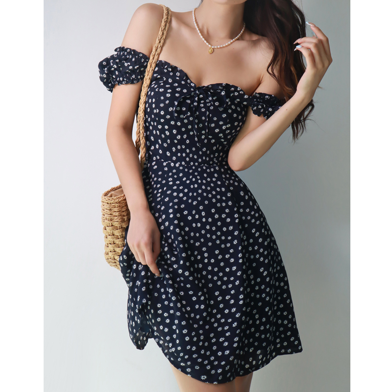 French Vintage One-Shoulder Floral Dress for Women - Summer Dark Blue Fitted A-Line Waist-Cinching Slimming Style French Vintage One-Shoulder Floral Dress for Women - Summer Dark Blue Fitted A-Line Waist-Cinching Slimming Style