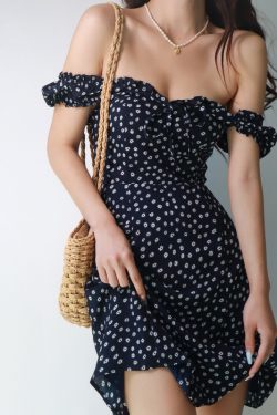 French Vintage One-Shoulder Floral Dress for Women - Summer Dark Blue Fitted A-Line Waist-Cinching Slimming Style