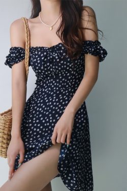 French Vintage One-Shoulder Floral Dress for Women - Summer Dark Blue Fitted A-Line Waist-Cinching Slimming Style