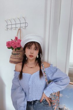 French Vintage One-Shoulder Lantern Sleeve Waist-Defined Short Blue Shirt Top - Early Autumn 2024 Fashion