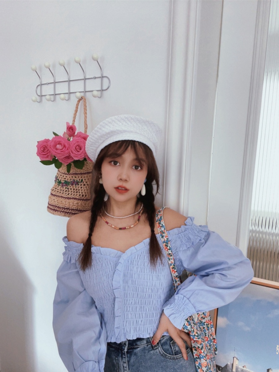 French Vintage One-Shoulder Lantern Sleeve Waist-Defined Short Blue Shirt Top - Early Autumn 2024 Fashion French Vintage One-Shoulder Lantern Sleeve Waist-Defined Short Blue Shirt Top - Early Autumn 2024 Fashion