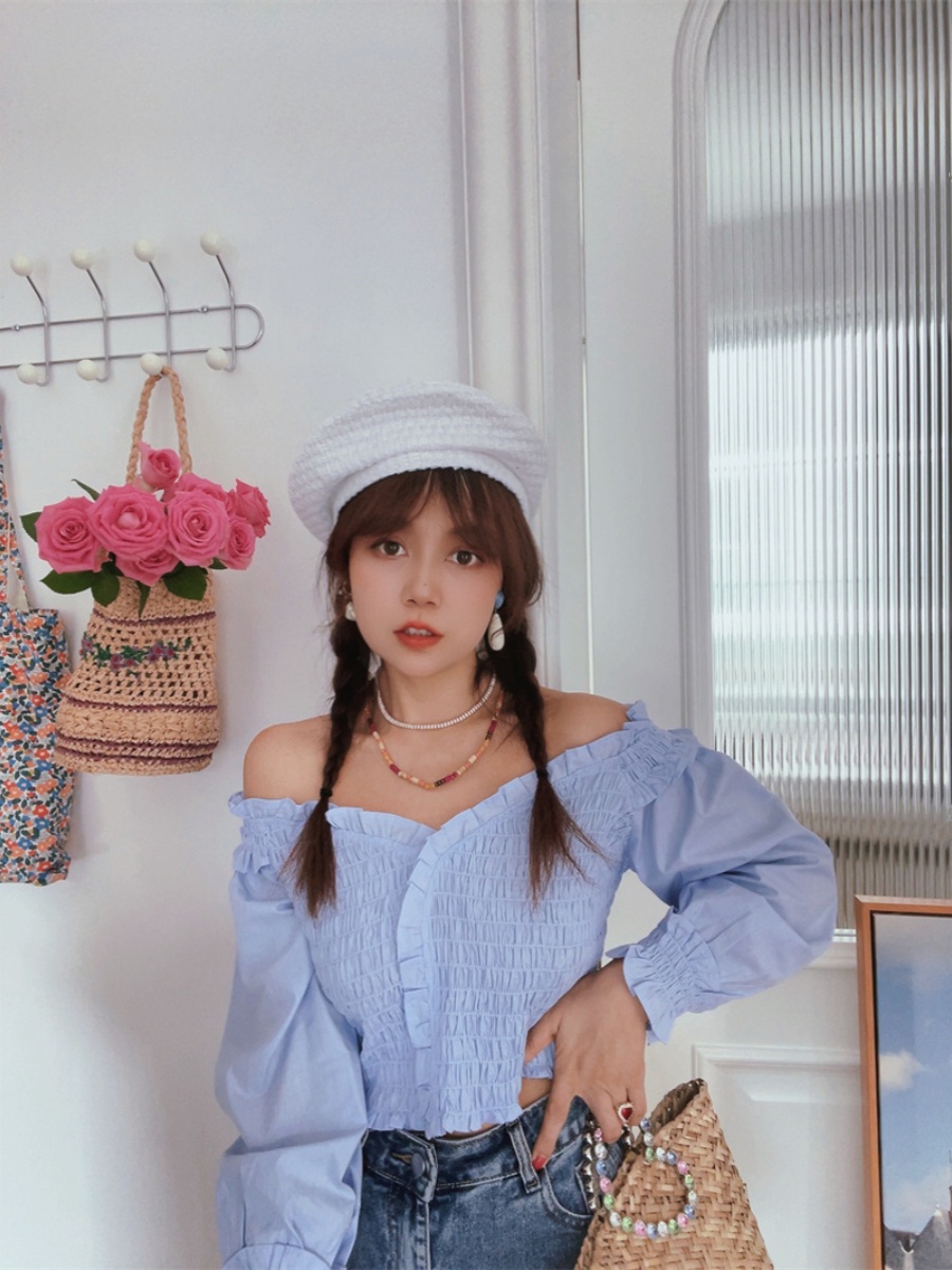 French Vintage One-Shoulder Lantern Sleeve Waist-Defined Short Blue Shirt Top - Early Autumn 2024 Fashion French Vintage One-Shoulder Lantern Sleeve Waist-Defined Short Blue Shirt Top - Early Autumn 2024 Fashion