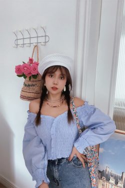 French Vintage One-Shoulder Lantern Sleeve Waist-Defined Short Blue Shirt Top - Early Autumn 2024 Fashion