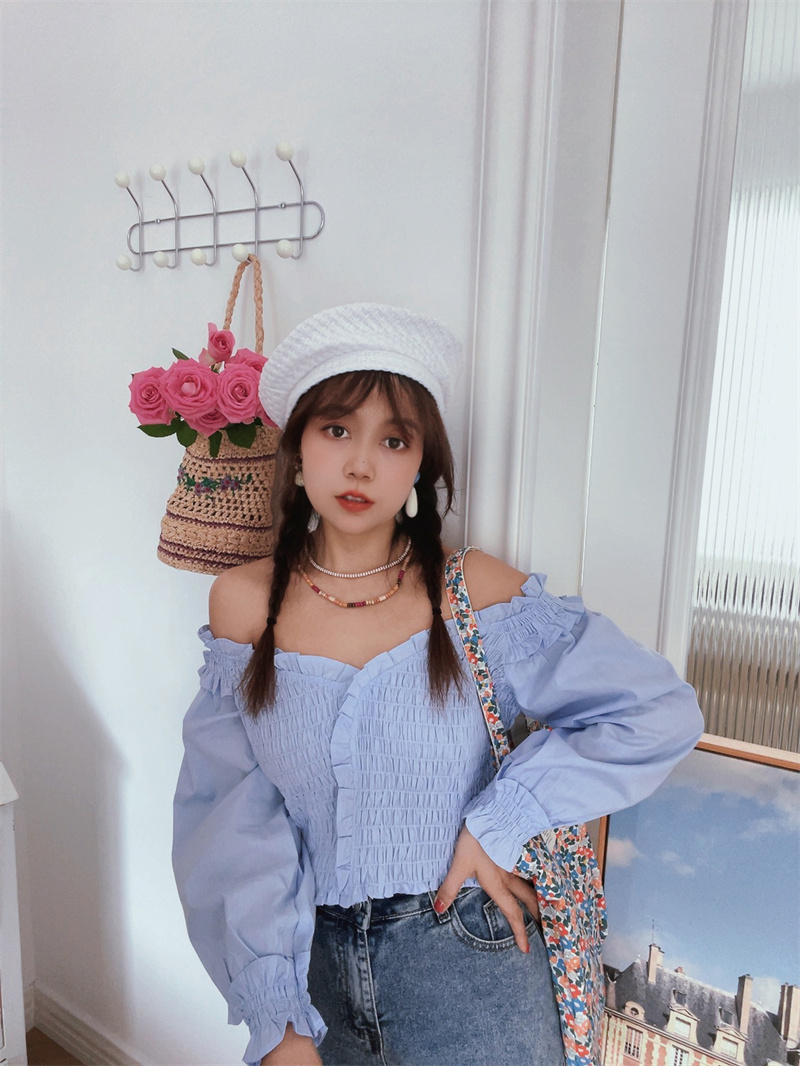 French Vintage One-Shoulder Lantern Sleeve Waist-Defined Short Blue Shirt Top - Early Autumn 2024 Fashion French Vintage One-Shoulder Lantern Sleeve Waist-Defined Short Blue Shirt Top - Early Autumn 2024 Fashion