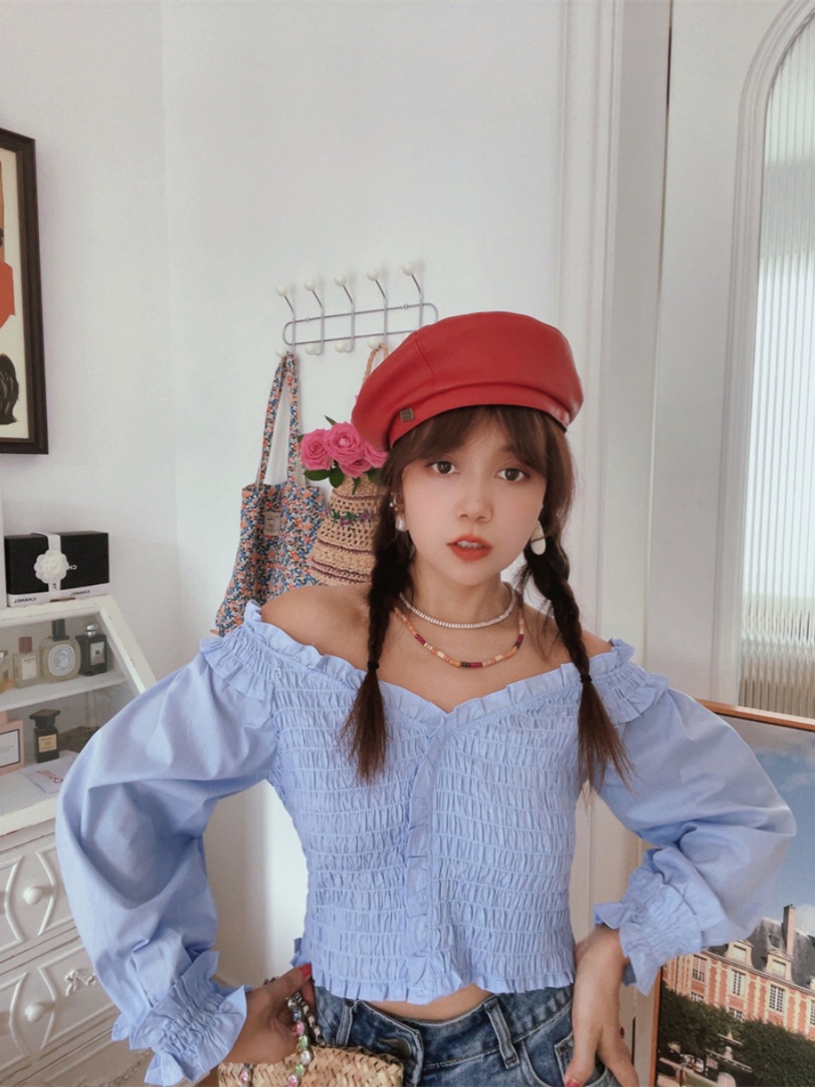 French Vintage One-Shoulder Lantern Sleeve Waist-Defined Short Blue Shirt Top - Early Autumn 2024 Fashion French Vintage One-Shoulder Lantern Sleeve Waist-Defined Short Blue Shirt Top - Early Autumn 2024 Fashion
