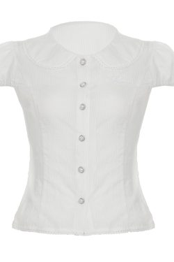 French Vintage Pleated Button Lace Trim Puff Sleeve Fitted Short Sleeve T-Shirt - Slim Fit Top for Y2K and Korean Style Fashion