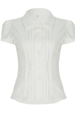 French Vintage Pleated Button Lace Trim Puff Sleeve Fitted Short Sleeve T-Shirt - Slim Fit Top for Y2K and Korean Style Fashion