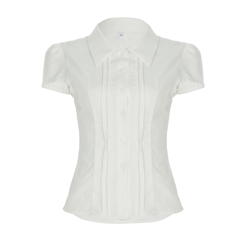 French Vintage Pleated Button Lace Trim Puff Sleeve Fitted Short Sleeve T-Shirt - Slim Fit Top for Y2K and Korean Style Fashion French Vintage Pleated Button Lace Trim Puff Sleeve Fitted Short Sleeve T-Shirt - Slim Fit Top for Y2K and Korean Style Fashion