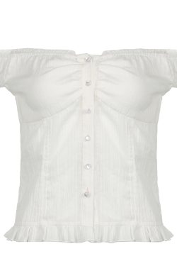 French Vintage Pleated Button Lace Trim Puff Sleeve Fitted Short Sleeve T-Shirt - Slim Fit Top for Y2K and Korean Style Fashion