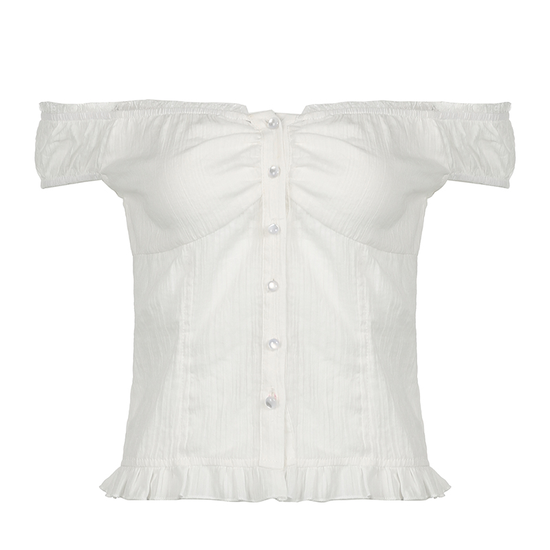 French Vintage Pleated Button Lace Trim Puff Sleeve Fitted Short Sleeve T-Shirt - Slim Fit Top for Y2K and Korean Style Fashion French Vintage Pleated Button Lace Trim Puff Sleeve Fitted Short Sleeve T-Shirt - Slim Fit Top for Y2K and Korean Style Fashion