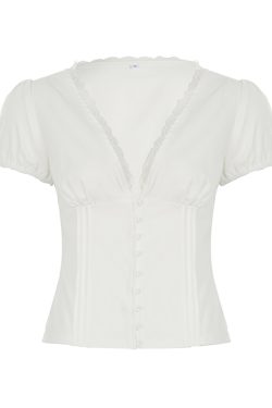 French Vintage Pleated Button Lace Trim Puff Sleeve Fitted Short Sleeve T-Shirt - Slim Fit Top for Y2K and Korean Style Fashion