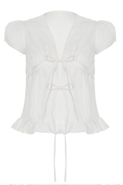 French Vintage Pleated Button Lace Trim Puff Sleeve Fitted Short Sleeve T-Shirt - Slim Fit Top for Y2K and Korean Style Fashion