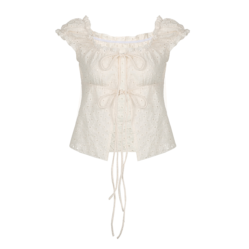 French Vintage Pleated Button Lace Trim Puff Sleeve Fitted Short Sleeve T-Shirt - Slim Fit Top for Y2K and Korean Style Fashion French Vintage Pleated Button Lace Trim Puff Sleeve Fitted Short Sleeve T-Shirt - Slim Fit Top for Y2K and Korean Style Fashion