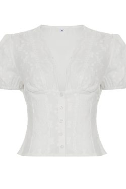 French Vintage Pleated Button Lace Trim Puff Sleeve Fitted Short Sleeve T-Shirt - Slim Fit Top for Y2K and Korean Style Fashion