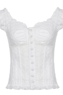 French Vintage Pleated Button Lace Trim Puff Sleeve Fitted Short Sleeve T-Shirt - Slim Fit Top for Y2K and Korean Style Fashion