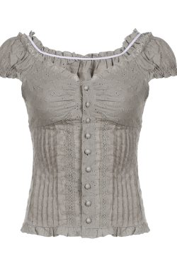 French Vintage Pleated Button Lace Trim Puff Sleeve Fitted Short Sleeve T-Shirt - Slim Fit Top for Y2K and Korean Style Fashion