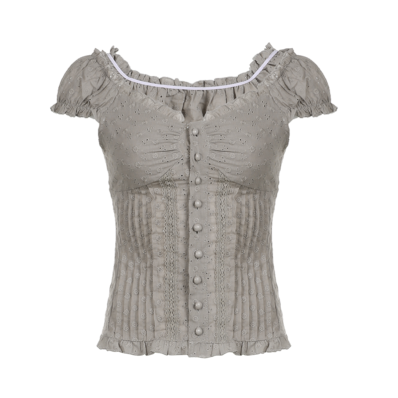 French Vintage Pleated Button Lace Trim Puff Sleeve Fitted Short Sleeve T-Shirt - Slim Fit Top for Y2K and Korean Style Fashion French Vintage Pleated Button Lace Trim Puff Sleeve Fitted Short Sleeve T-Shirt - Slim Fit Top for Y2K and Korean Style Fashion