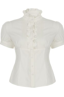 French Vintage Pleated Button Lace Trim Puff Sleeve Fitted Short Sleeve T-Shirt - Slim Fit Top for Y2K and Korean Style Fashion