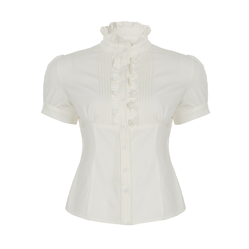 French Vintage Pleated Button Lace Trim Puff Sleeve Fitted Short Sleeve T-Shirt - Slim Fit Top for Y2K and Korean Style Fashion French Vintage Pleated Button Lace Trim Puff Sleeve Fitted Short Sleeve T-Shirt - Slim Fit Top for Y2K and Korean Style Fashion