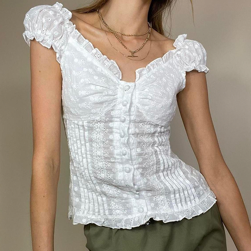 French Vintage Pleated Button Lace Trim Puff Sleeve Fitted Short Sleeve T-Shirt - Slim Fit Top for Y2K and Korean Style Fashion French Vintage Pleated Button Lace Trim Puff Sleeve Fitted Short Sleeve T-Shirt - Slim Fit Top for Y2K and Korean Style Fashion