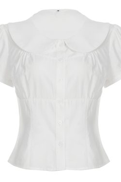 French Vintage Pleated Button Lace Trim Puff Sleeve Fitted Short Sleeve T-Shirt - Slim Fit Top for Y2K and Korean Style Fashion