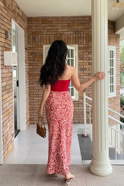French Vintage Printed Midi Skirt in Bright Red - Vacation Style Long Wrap Skirt for Effortless 90s Chic