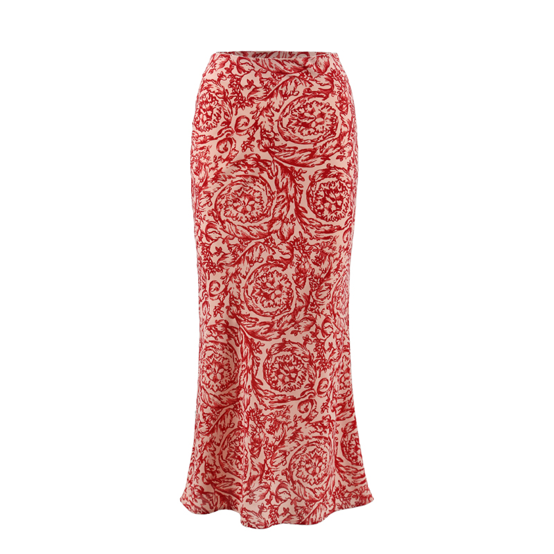 French Vintage Printed Midi Skirt in Bright Red - Vacation Style Long Wrap Skirt for Effortless 90s Chic French Vintage Printed Midi Skirt in Bright Red - Vacation Style Long Wrap Skirt for Effortless 90s Chic
