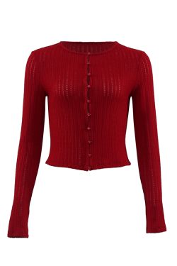 French Vintage Red Hollow Knit Cardigan for Women - Slim Fit, Flattering Round Neck, Long Sleeve - Stylish 90s Inspired Top