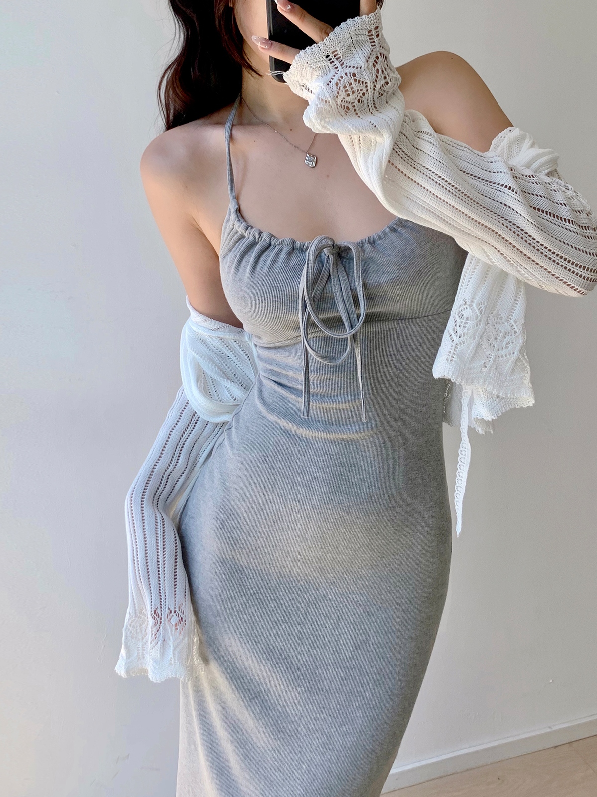 French Vintage Ribbed Slim Fit Drawstring Halter Long Dress - 90s Inspired Knit Fashion for Girls French Vintage Ribbed Slim Fit Drawstring Halter Long Dress - 90s Inspired Knit Fashion for Girls