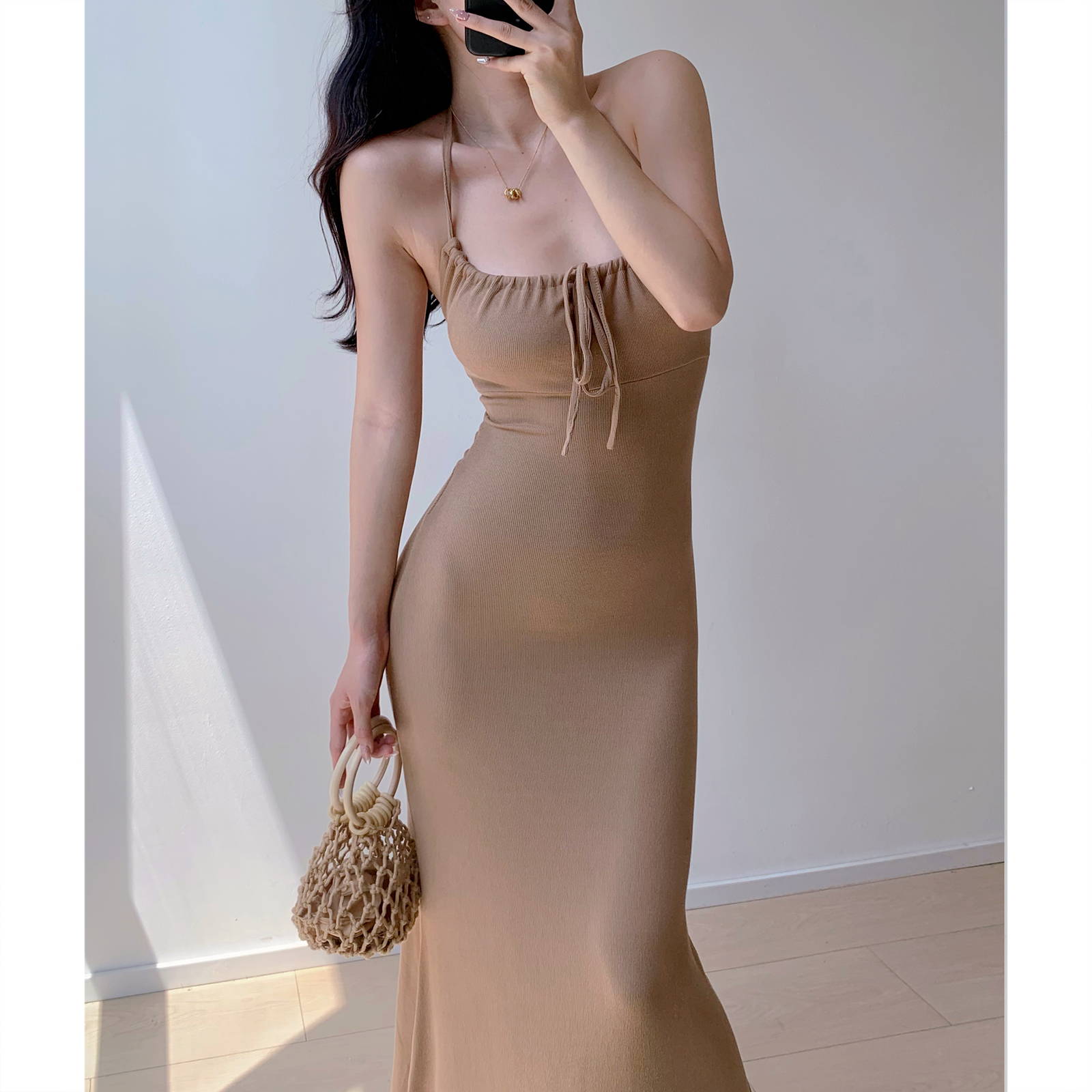 French Vintage Ribbed Slim Fit Drawstring Halter Long Dress - 90s Inspired Knit Fashion for Girls French Vintage Ribbed Slim Fit Drawstring Halter Long Dress - 90s Inspired Knit Fashion for Girls