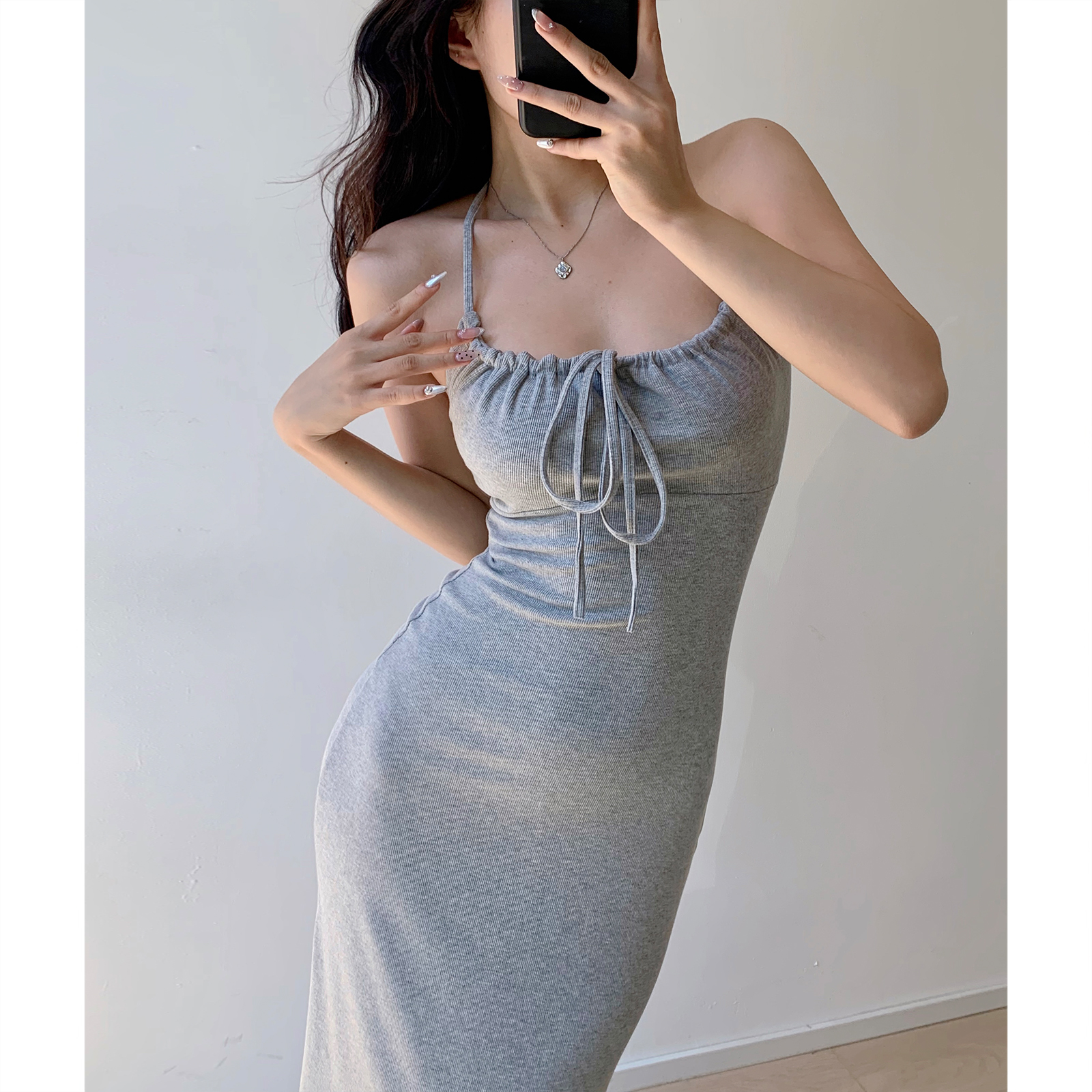 French Vintage Ribbed Slim Fit Drawstring Halter Long Dress - 90s Inspired Knit Fashion for Girls French Vintage Ribbed Slim Fit Drawstring Halter Long Dress - 90s Inspired Knit Fashion for Girls