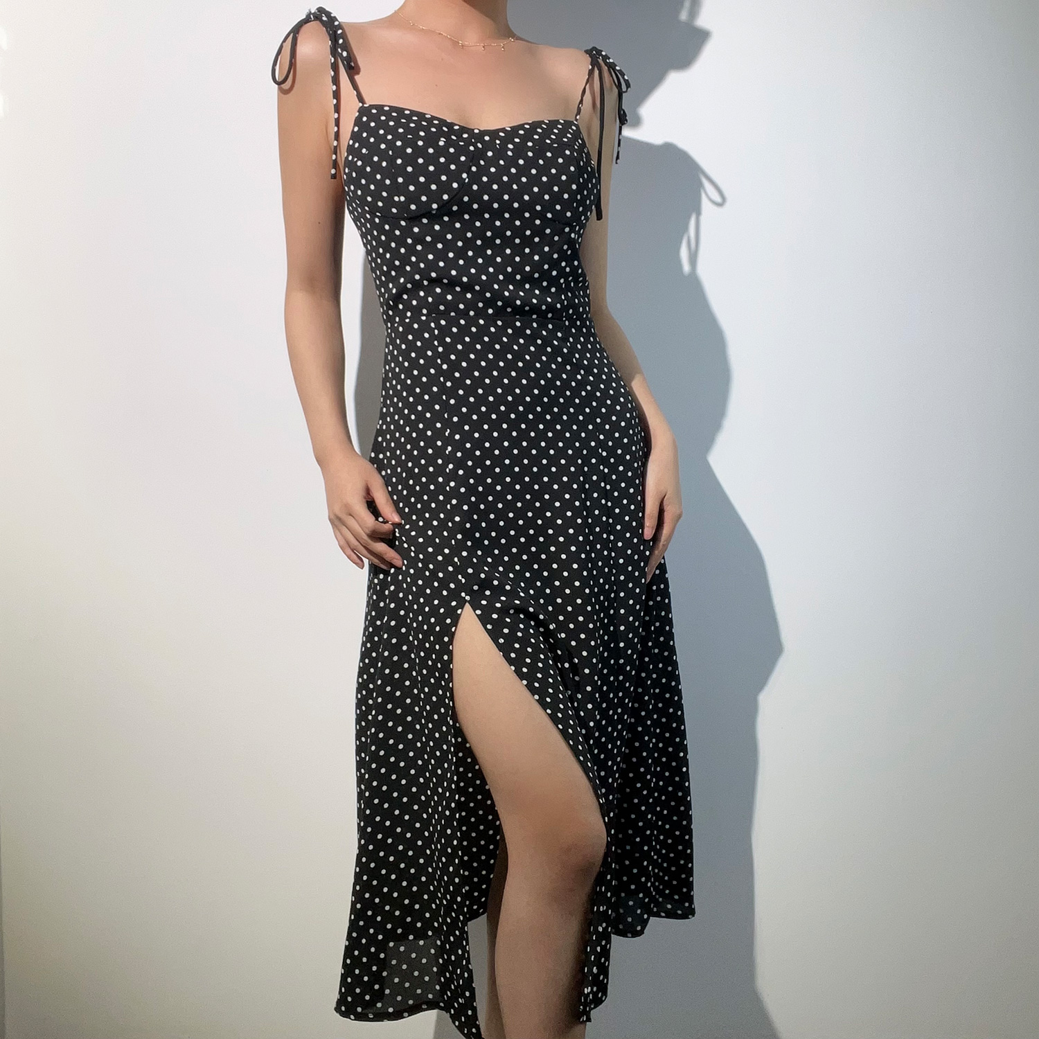 French Vintage Sexy Strapless Lace-Up Black and White Polka Dot Slim-Fit Long Camisole Dress - Y2K Style French Vintage Sexy Strapless Lace-Up Black and White Polka Dot Slim-Fit Long Camisole Dress - Y2K Style