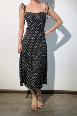 French Vintage Sexy Strapless Lace-Up Black and White Polka Dot Slim-Fit Long Camisole Dress - Y2K Style