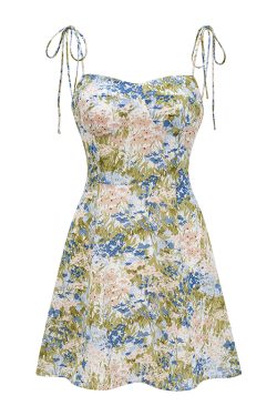 French Vintage Shoulder Tie Printed Slip Dress for Women - Summer A-Line Beach Dress with Slim Waist, Short Skirt, Y2K Style