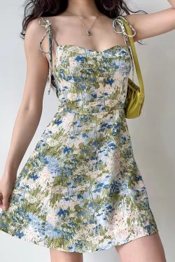 French Vintage Shoulder Tie Printed Slip Dress for Women - Summer A-Line Beach Dress with Slim Waist, Short Skirt, Y2K Style