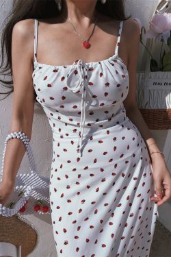 French Vintage Small Strawberry Floral Tie Waist Slip Dress - 2024 Spring Collection, Perfect for Vacation and Y2K Style