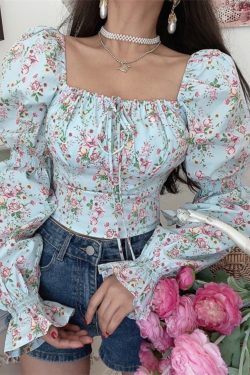 French Vintage Square Neck Lantern Sleeve Floral Vacation Top - Handmade Spring/Summer 2025, Boho Chic Style