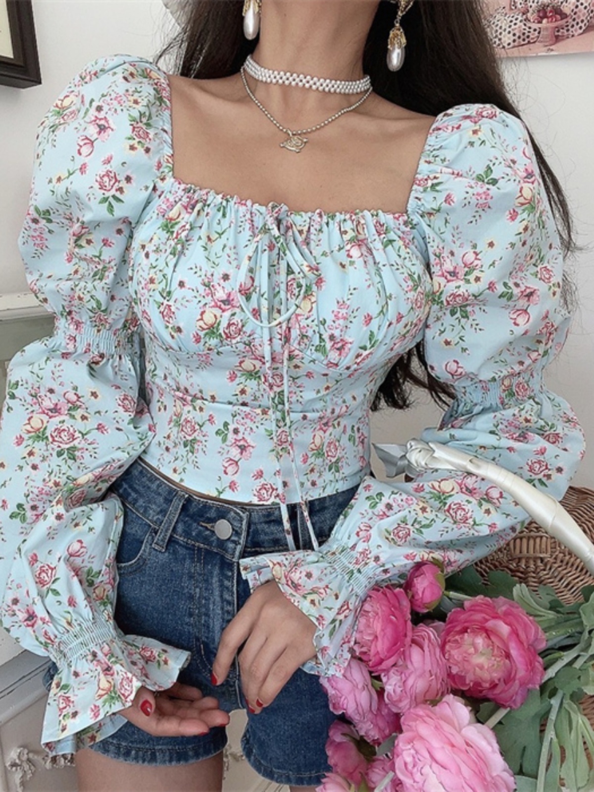 French Vintage Square Neck Lantern Sleeve Floral Vacation Top - Handmade Spring/Summer 2025, Boho Chic Style French Vintage Square Neck Lantern Sleeve Floral Vacation Top - Handmade Spring/Summer 2025, Boho Chic Style