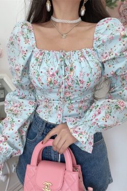 French Vintage Square Neck Lantern Sleeve Floral Vacation Top - Handmade Spring/Summer 2025, Boho Chic Style