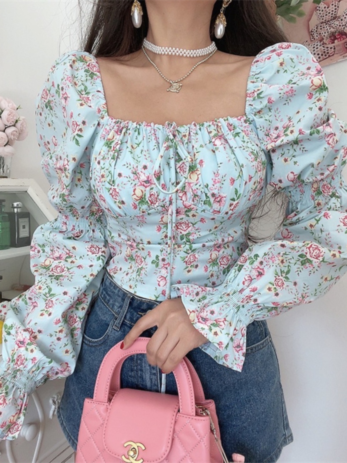 French Vintage Square Neck Lantern Sleeve Floral Vacation Top - Handmade Spring/Summer 2025, Boho Chic Style French Vintage Square Neck Lantern Sleeve Floral Vacation Top - Handmade Spring/Summer 2025, Boho Chic Style