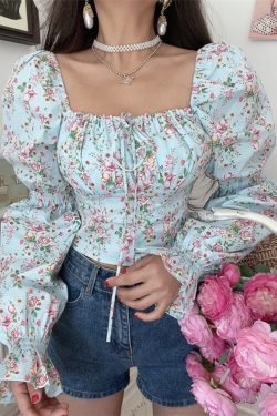 French Vintage Square Neck Lantern Sleeve Floral Vacation Top - Handmade Spring/Summer 2025, Boho Chic Style