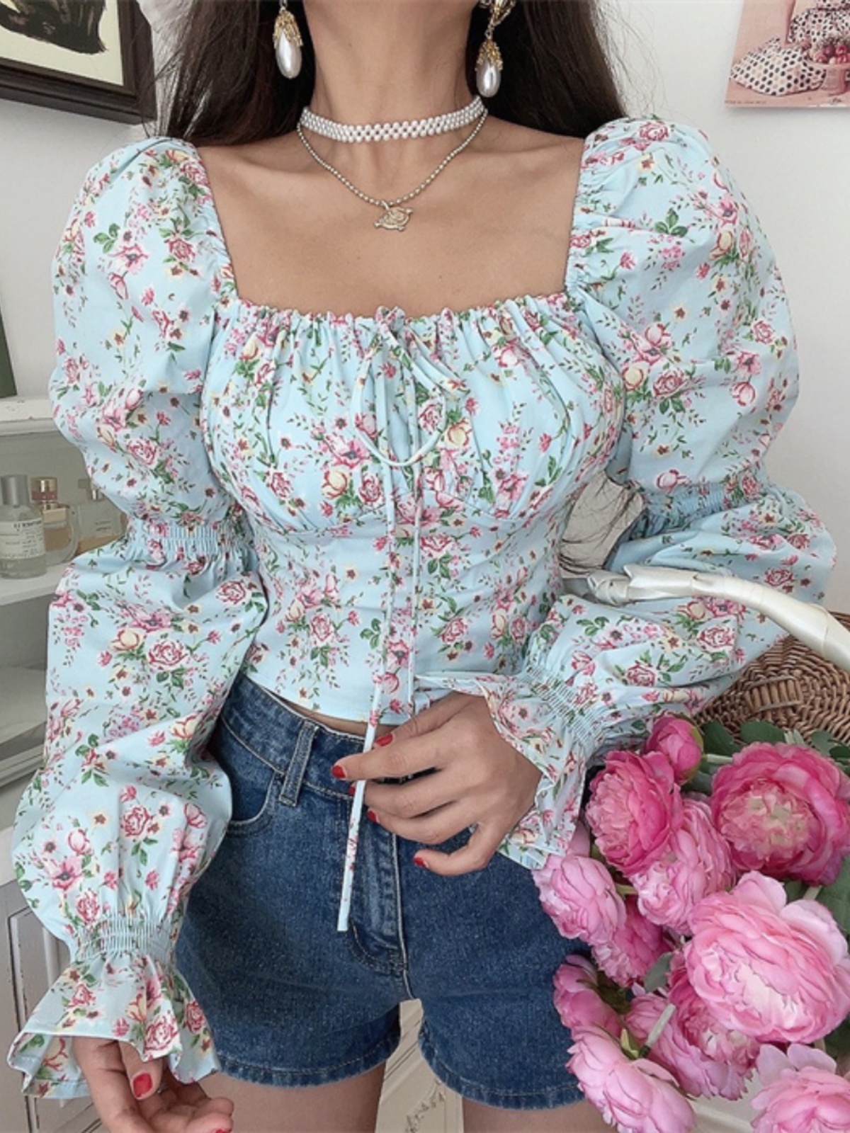 French Vintage Square Neck Lantern Sleeve Floral Vacation Top - Handmade Spring/Summer 2025, Boho Chic Style French Vintage Square Neck Lantern Sleeve Floral Vacation Top - Handmade Spring/Summer 2025, Boho Chic Style