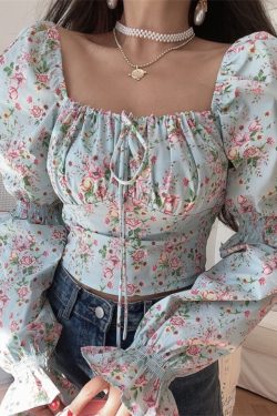 French Vintage Square Neck Lantern Sleeve Floral Vacation Top - Handmade Spring/Summer 2025, Boho Chic Style