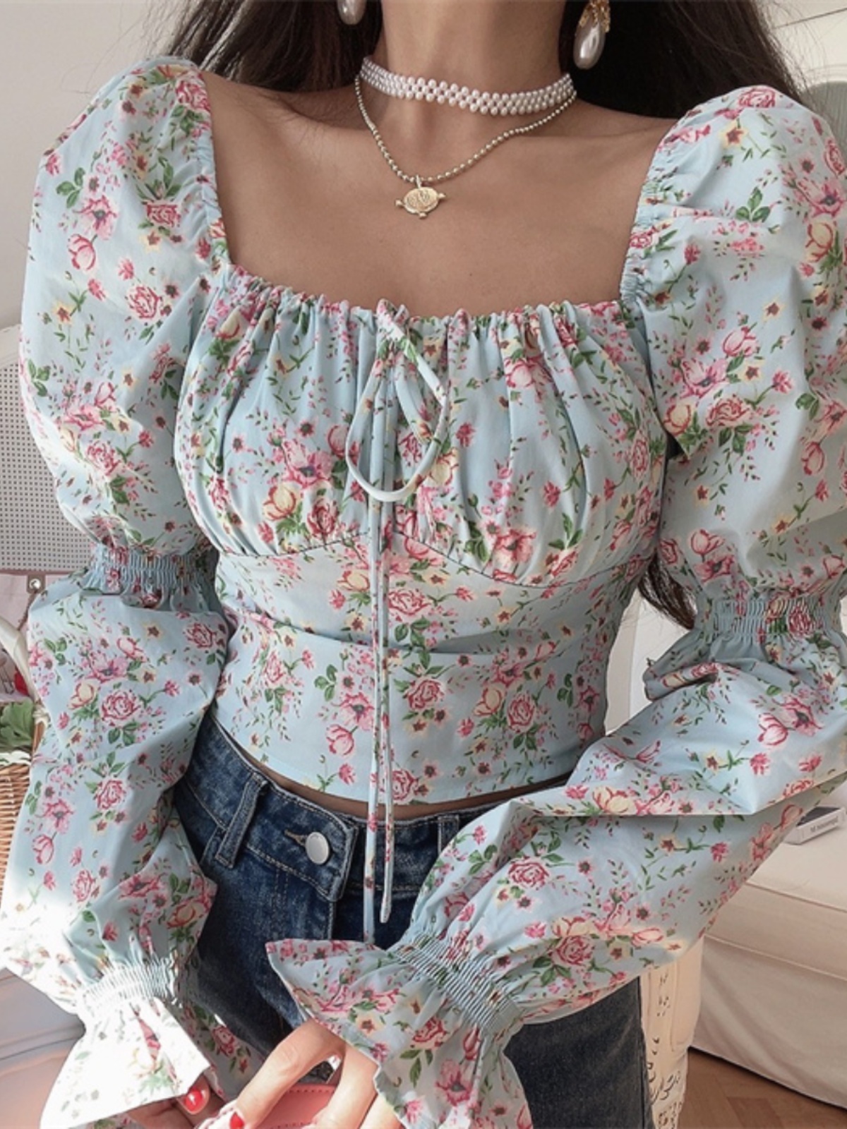 French Vintage Square Neck Lantern Sleeve Floral Vacation Top - Handmade Spring/Summer 2025, Boho Chic Style French Vintage Square Neck Lantern Sleeve Floral Vacation Top - Handmade Spring/Summer 2025, Boho Chic Style