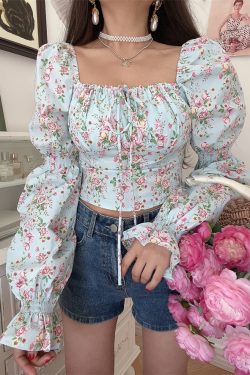French Vintage Square Neck Lantern Sleeve Floral Vacation Top - Handmade Spring/Summer 2025, Boho Chic Style