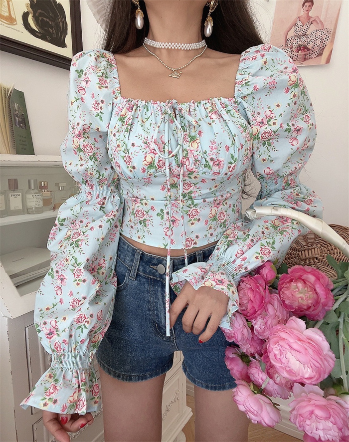 French Vintage Square Neck Lantern Sleeve Floral Vacation Top - Handmade Spring/Summer 2025, Boho Chic Style French Vintage Square Neck Lantern Sleeve Floral Vacation Top - Handmade Spring/Summer 2025, Boho Chic Style