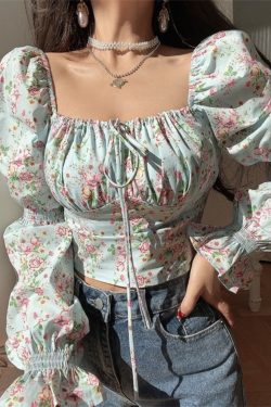 French Vintage Square Neck Lantern Sleeve Floral Vacation Top - Handmade Spring/Summer 2025, Boho Chic Style
