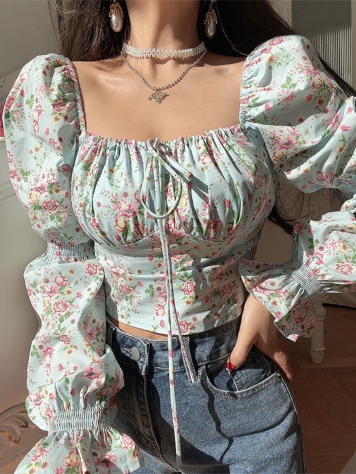 French Vintage Square Neck Lantern Sleeve Floral Vacation Top - Handmade Spring/Summer 2025, Boho Chic Style French Vintage Square Neck Lantern Sleeve Floral Vacation Top - Handmade Spring/Summer 2025, Boho Chic Style