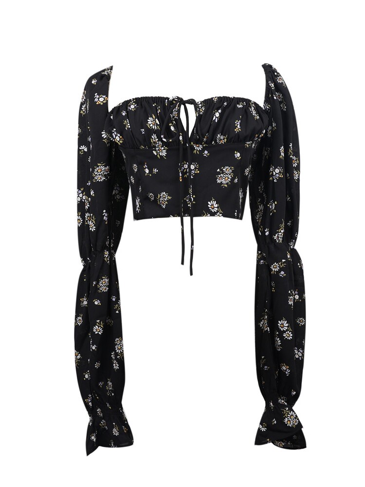 French Vintage Square Neck Lantern Sleeve Waist-Defined Short Vacation Shirt for Women - 2025 Spring/Summer Fashion French Vintage Square Neck Lantern Sleeve Waist-Defined Short Vacation Shirt for Women - 2025 Spring/Summer Fashion